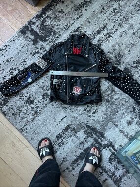 Zara Black Studded Leather Biker Jacket with Red Lining and Patchwork